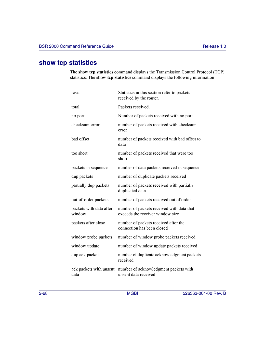 Motorola BSR 2000 manual Show tcp statistics 