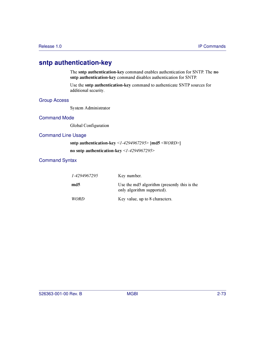 Motorola BSR 2000 manual Sntp authentication-key, Md5 