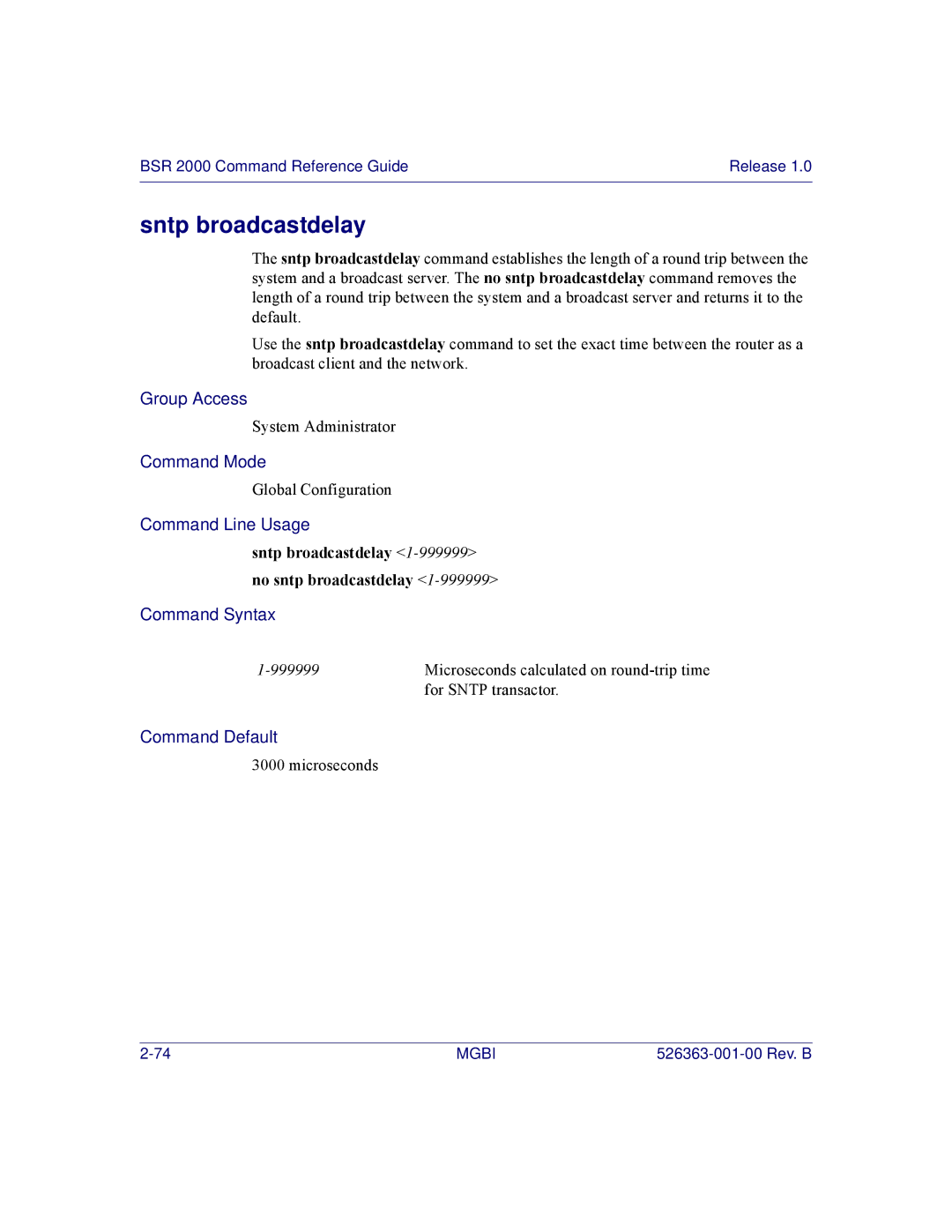 Motorola BSR 2000 manual Sntp broadcastdelay 1-999999no sntp broadcastdelay 