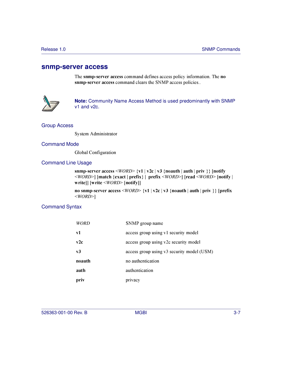 Motorola BSR 2000 manual Snmp-server access, V2c, Noauth, Auth, Priv 