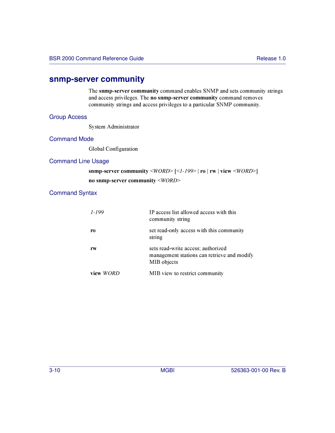 Motorola BSR 2000 manual Snmp-server community, View Word 