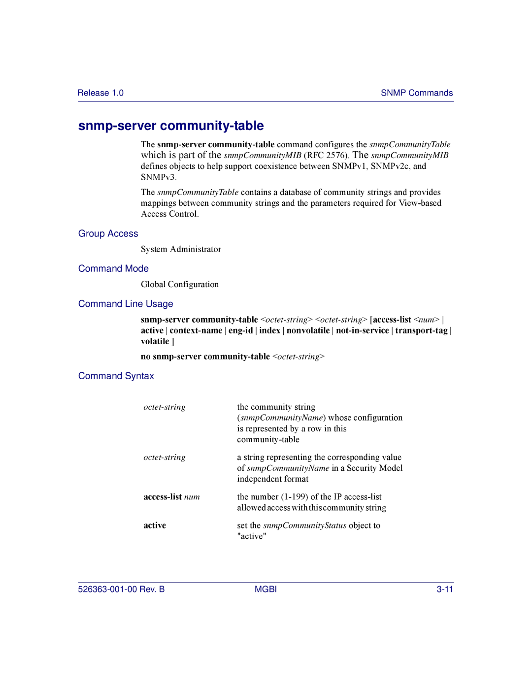 Motorola BSR 2000 manual Snmp-server community-table, Access-list num, Active 