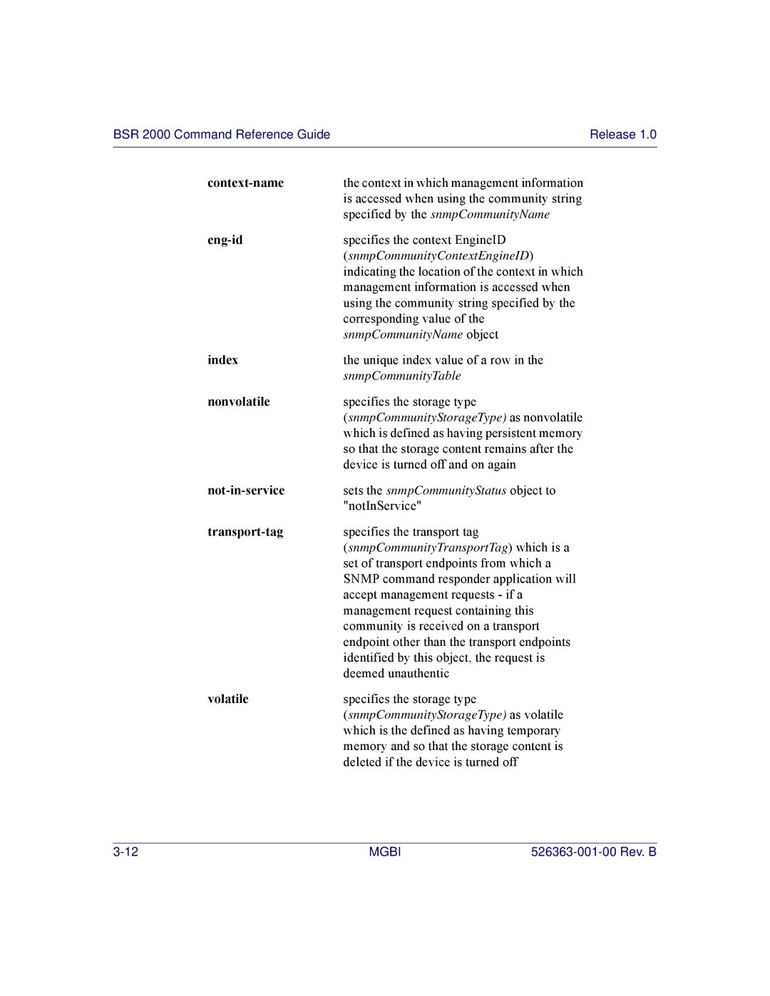 Motorola BSR 2000 manual Context-name, Eng-id, Index, Nonvolatile, Not-in-service, Transport-tag, Volatile 