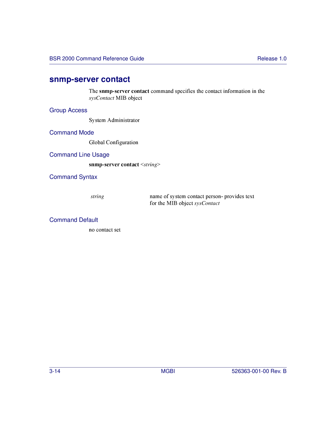 Motorola BSR 2000 manual Snmp-server contact string 