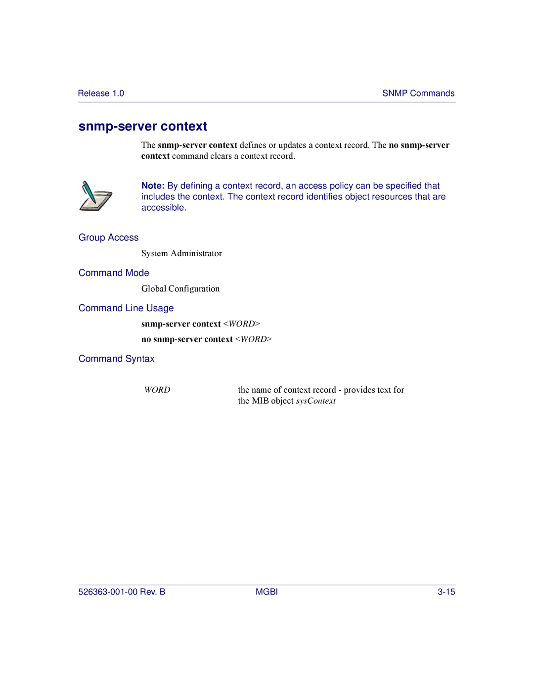 Motorola BSR 2000 manual Snmp-server context Word no snmp-server context Word 