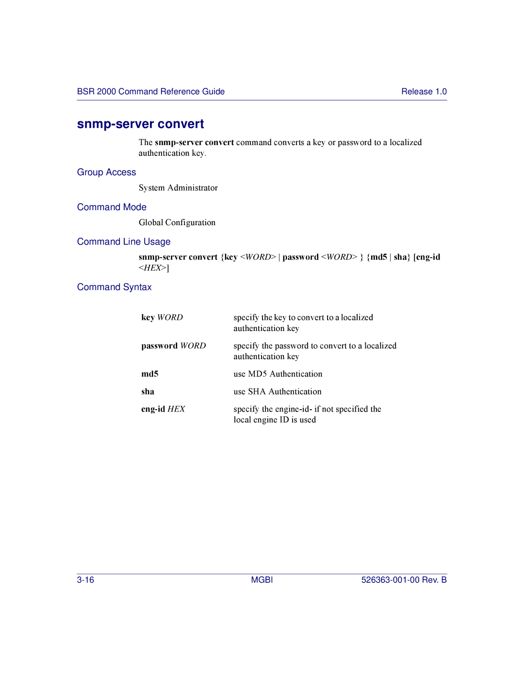 Motorola BSR 2000 manual Snmp-server convert, Password Word, Sha, Eng-id HEX 