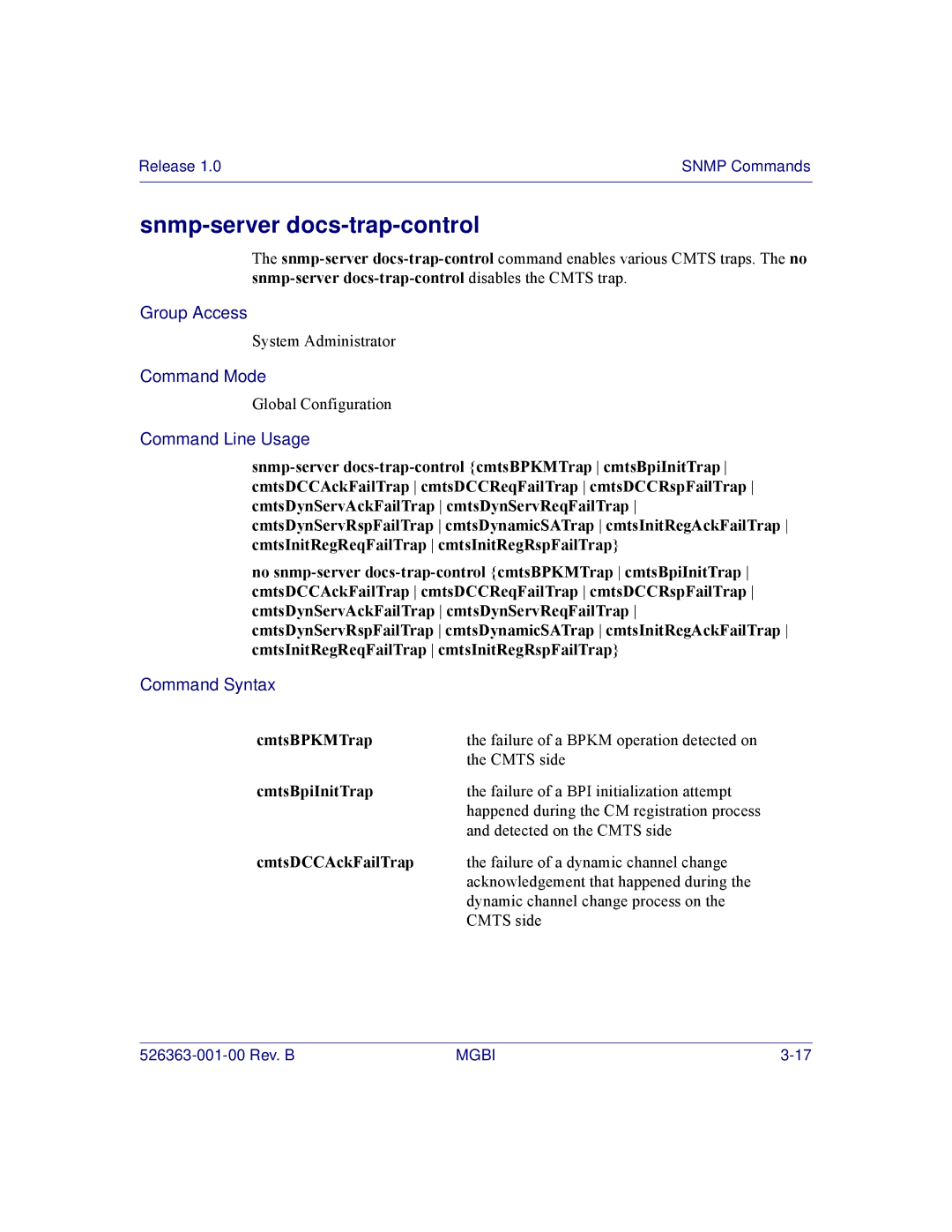 Motorola BSR 2000 manual Snmp-server docs-trap-control, CmtsBPKMTrap, CmtsBpiInitTrap, CmtsDCCAckFailTrap 