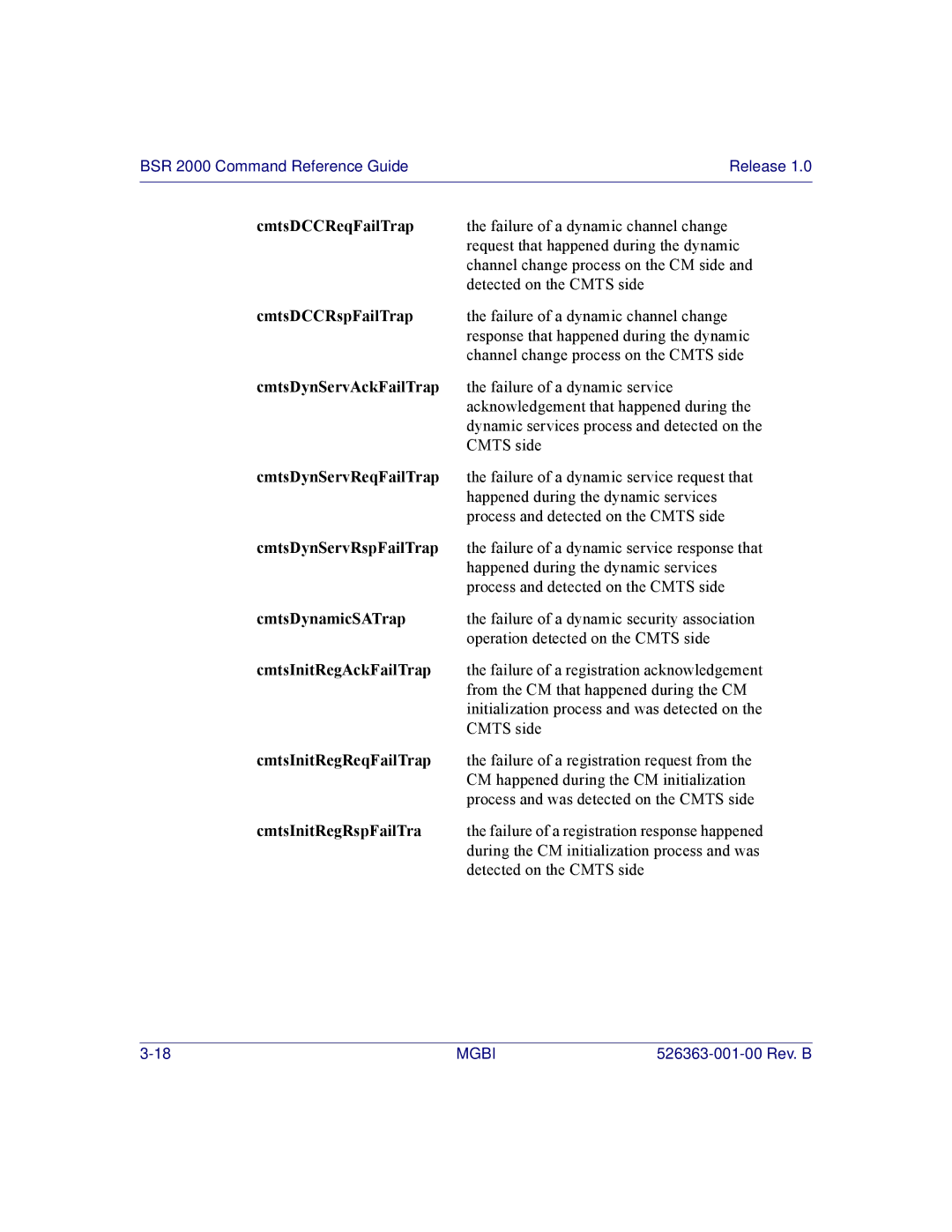 Motorola BSR 2000 manual CmtsDCCReqFailTrap, CmtsDCCRspFailTrap, CmtsDynServAckFailTrap, CmtsDynServReqFailTrap 