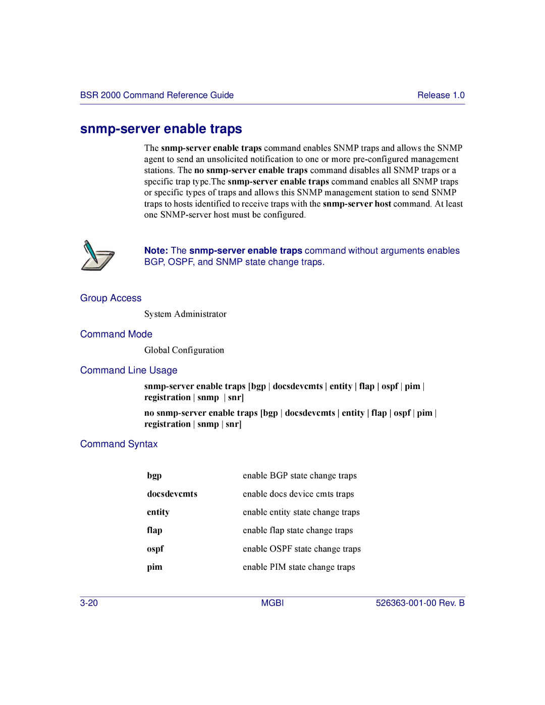 Motorola BSR 2000 manual Snmp-server enable traps, Pim Enable PIM state change traps 