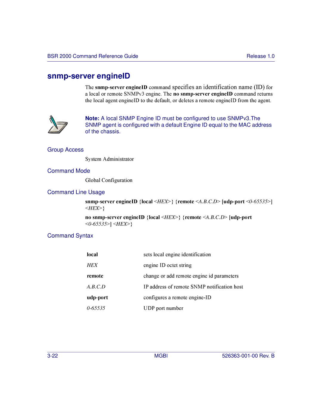 Motorola BSR 2000 manual Snmp-server engineID, Remote, Udp-port 