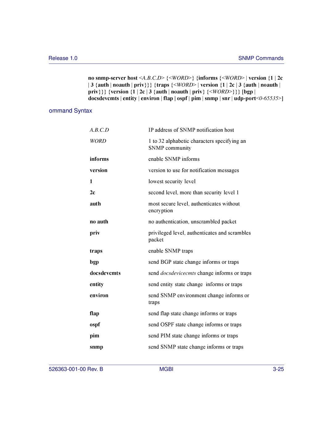 Motorola BSR 2000 manual Informs, Version, No auth, Traps, Docsdevcmts, Entity, Environ, Flap, Pim, Snmp 