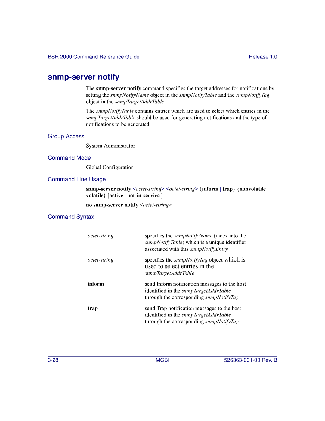 Motorola BSR 2000 manual Snmp-server notify, Inform, Trap 