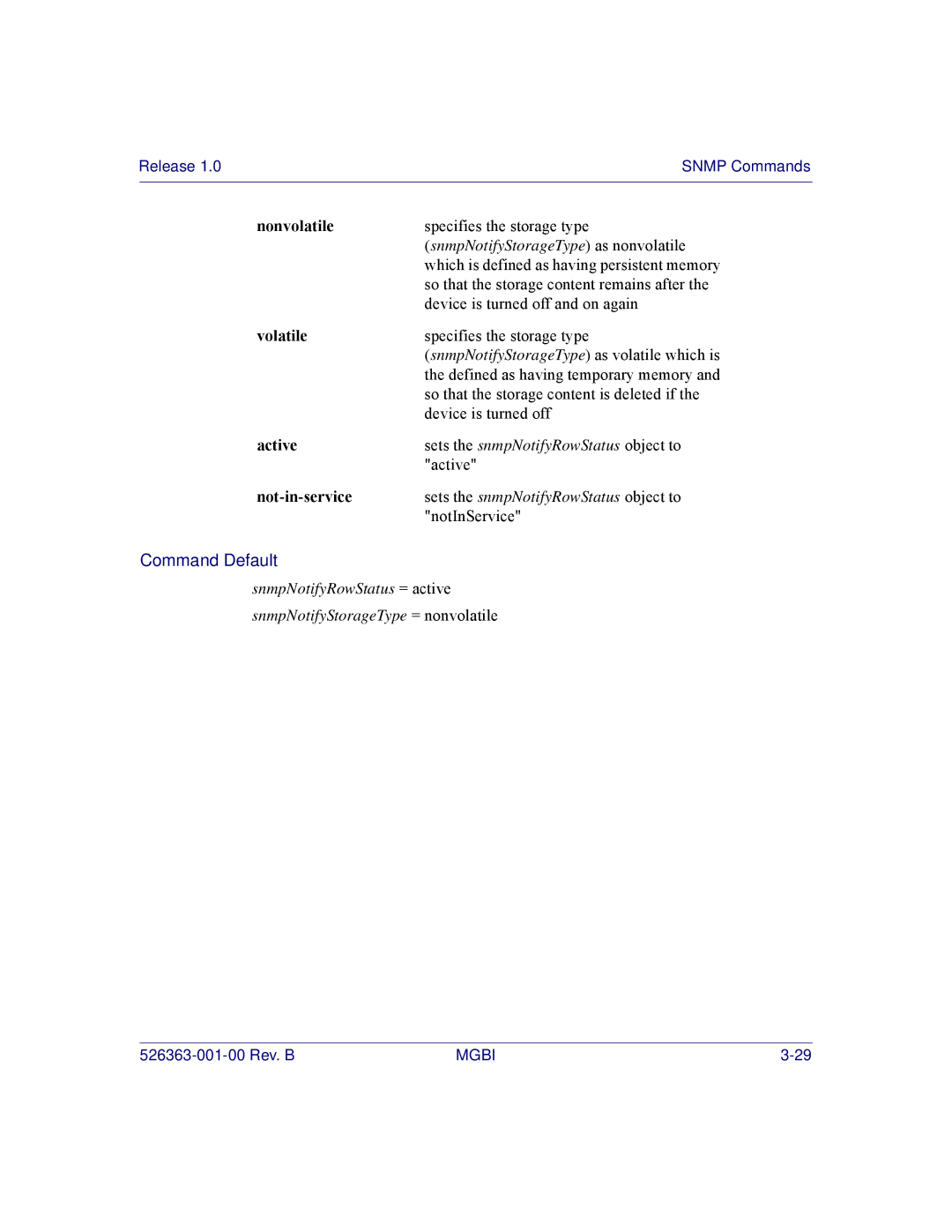 Motorola BSR 2000 manual SnmpNotifyStorageType as nonvolatile, Active 