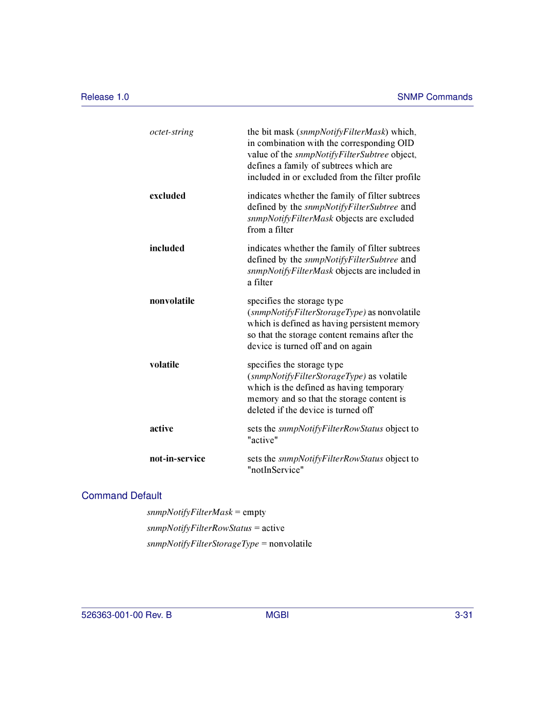 Motorola BSR 2000 manual Excluded, Included, Nonvolatile, Volatile, Not-in-service 