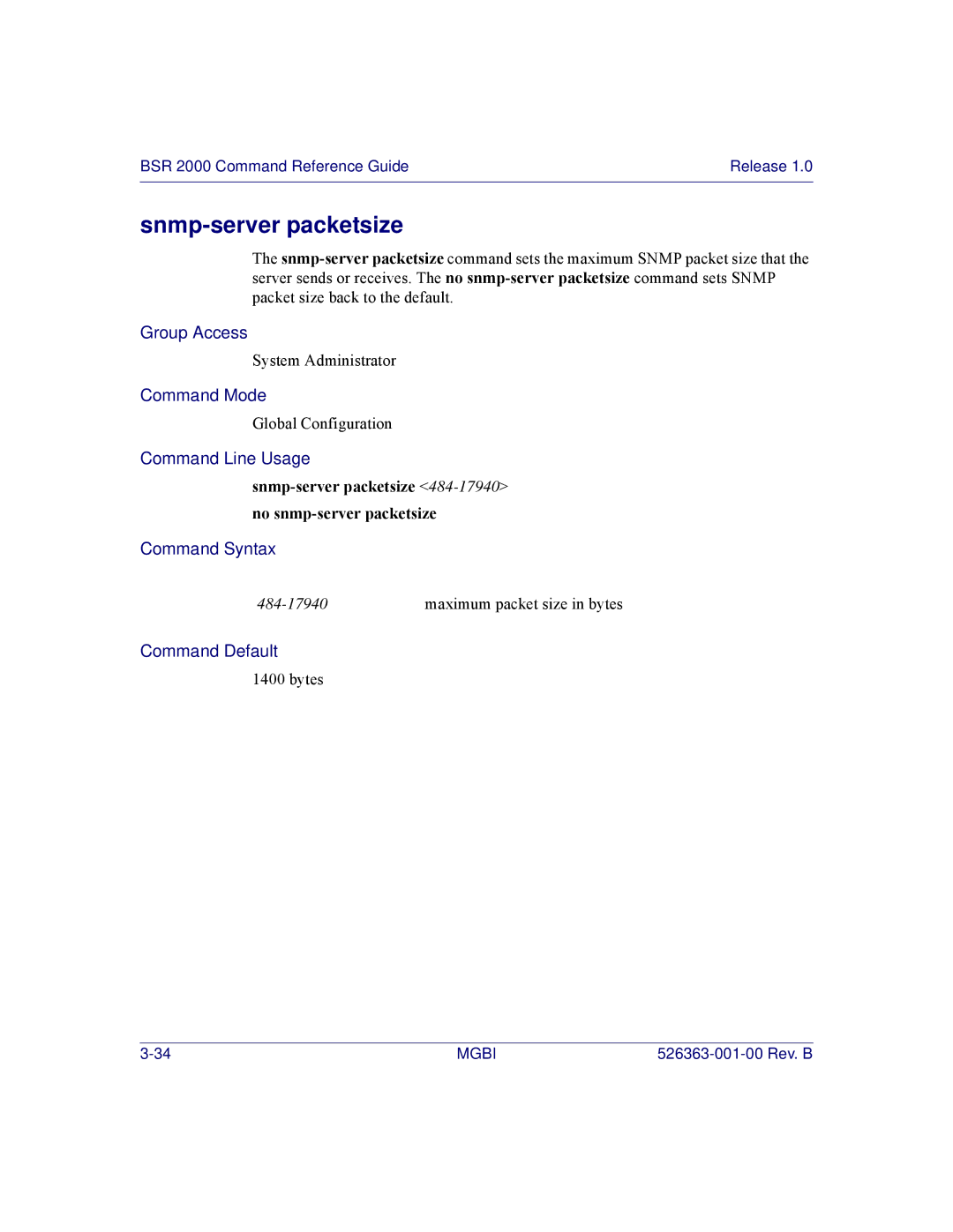 Motorola BSR 2000 manual Snmp-server packetsize 484-17940no snmp-server packetsize 