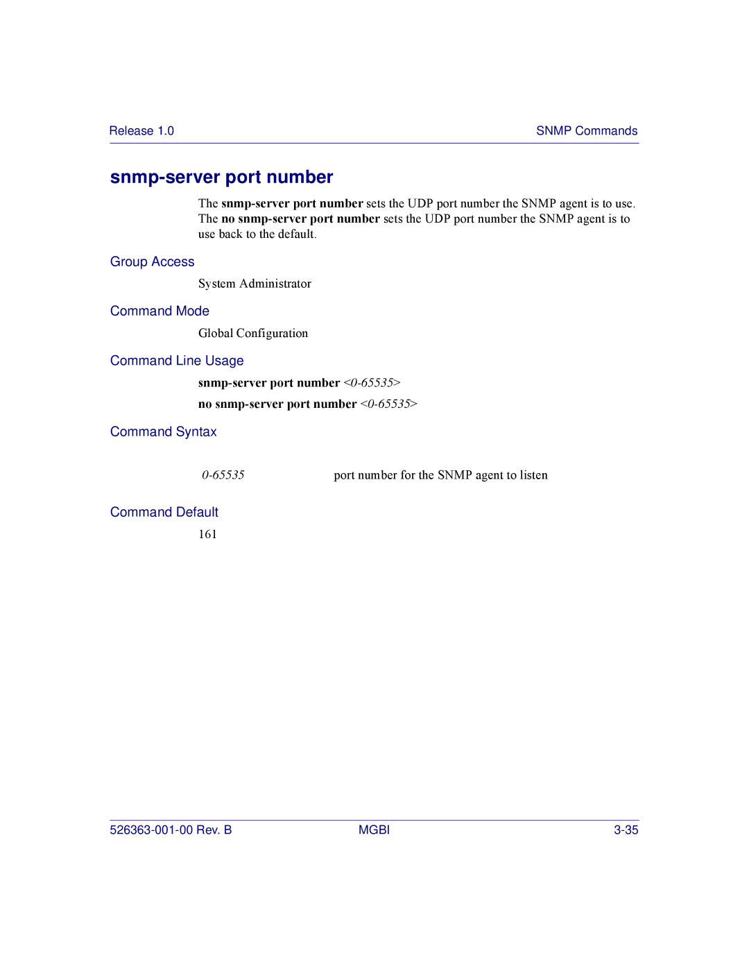 Motorola BSR 2000 manual Snmp-server port number 0-65535no snmp-server port number 