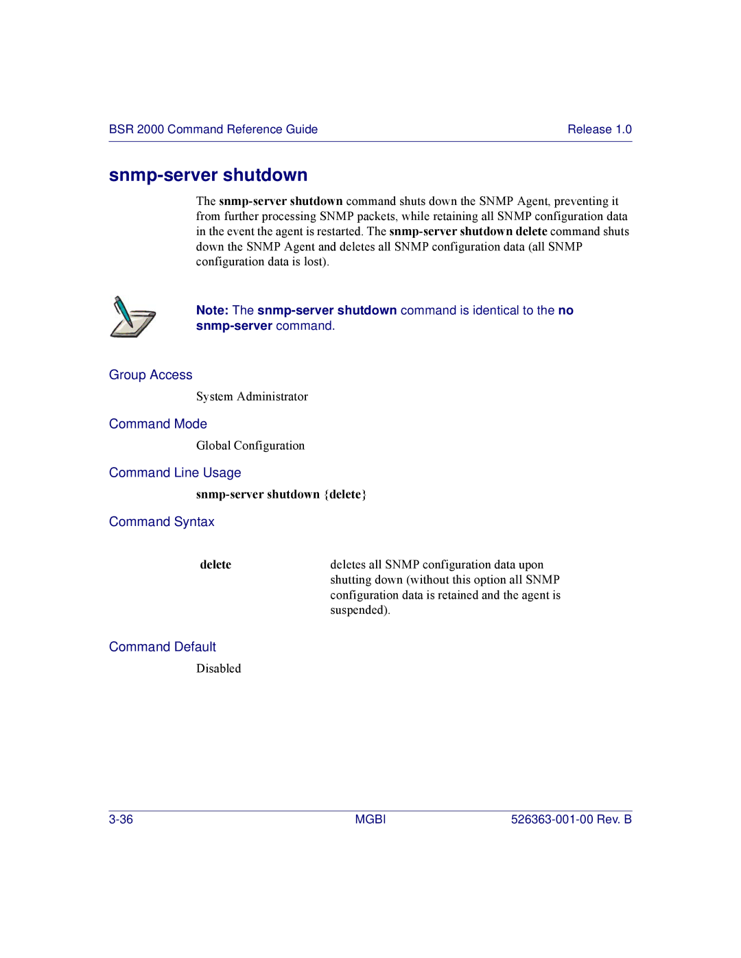 Motorola BSR 2000 manual Snmp-server shutdown delete, Delete 