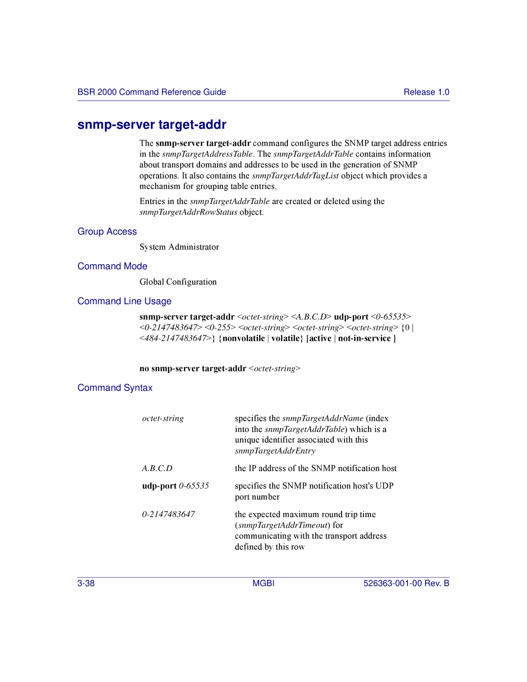 Motorola BSR 2000 manual Snmp-server target-addr, Udp-port 