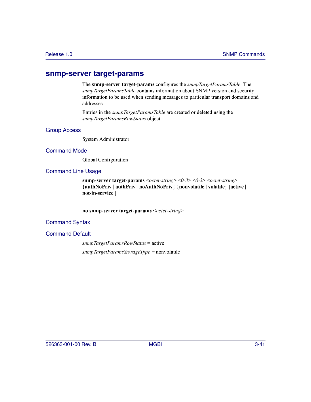 Motorola BSR 2000 manual Snmp-server target-params, Command Syntax Command Default 