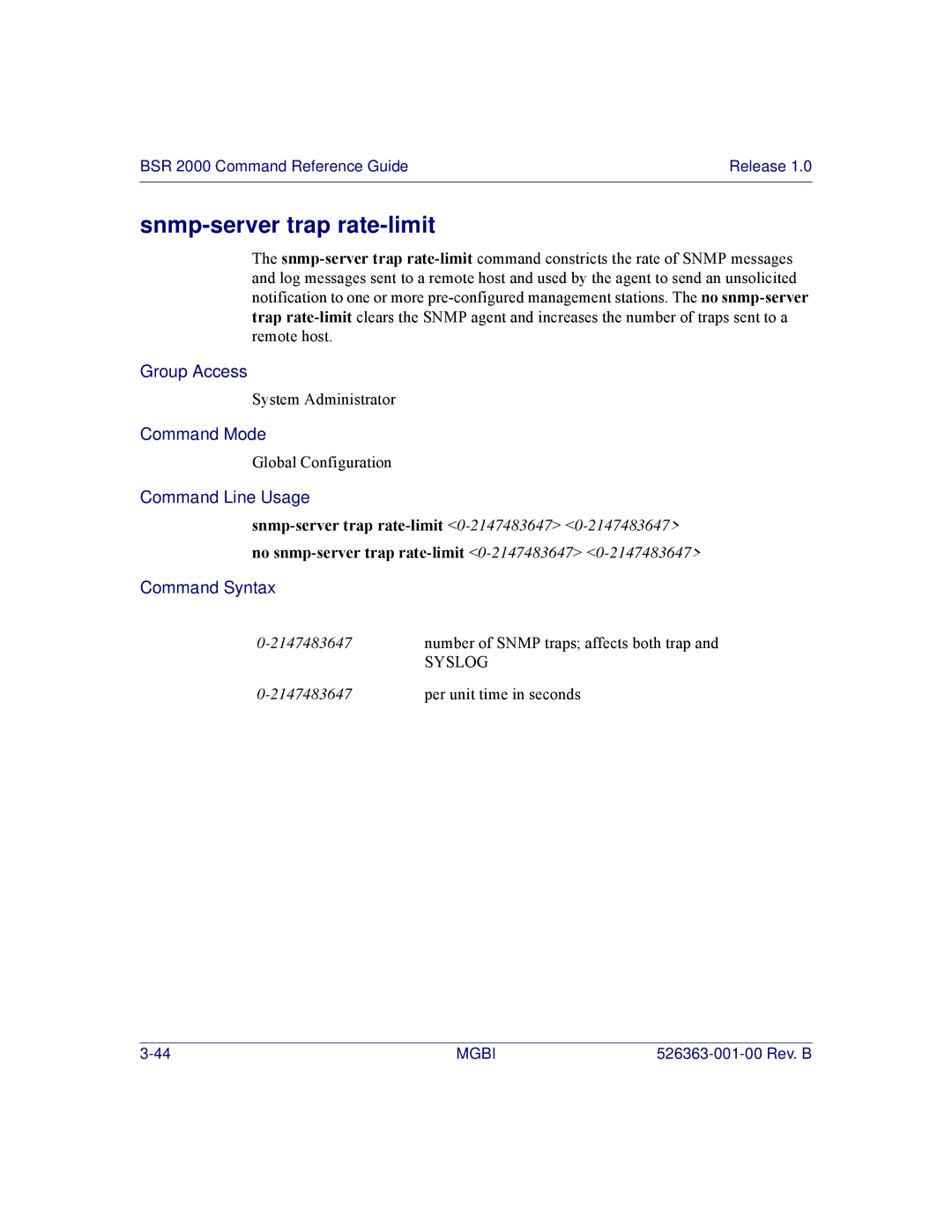 Motorola BSR 2000 manual Snmp-server trap rate-limit 