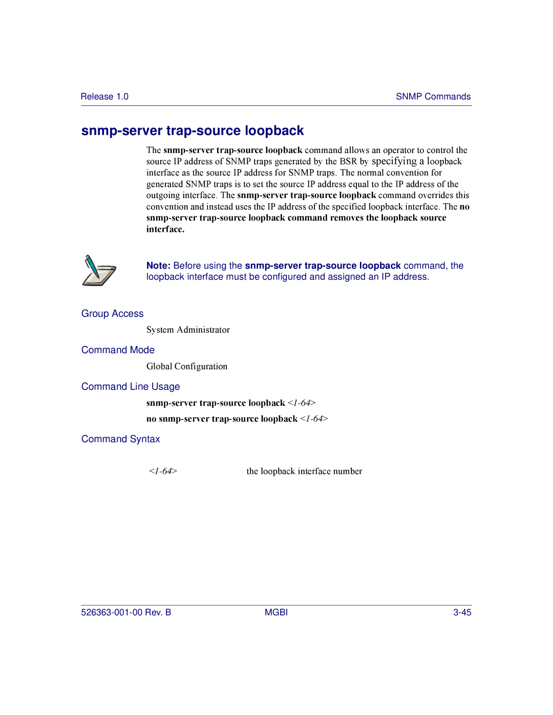 Motorola BSR 2000 manual Snmp-server trap-source loopback 