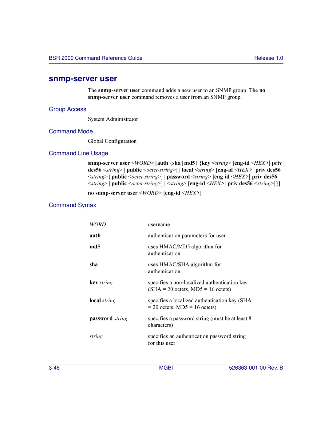 Motorola BSR 2000 manual Snmp-server user, No snmp-server user Word eng-id HEX, Local string, Password string 