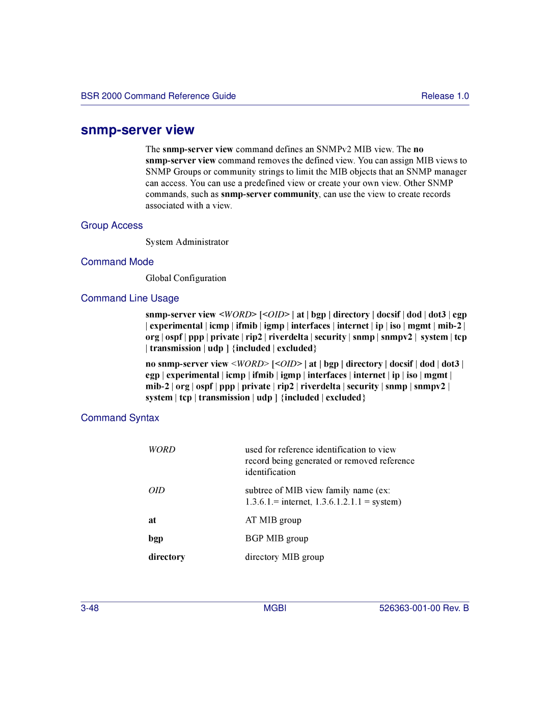 Motorola BSR 2000 manual Snmp-server view, Directory 