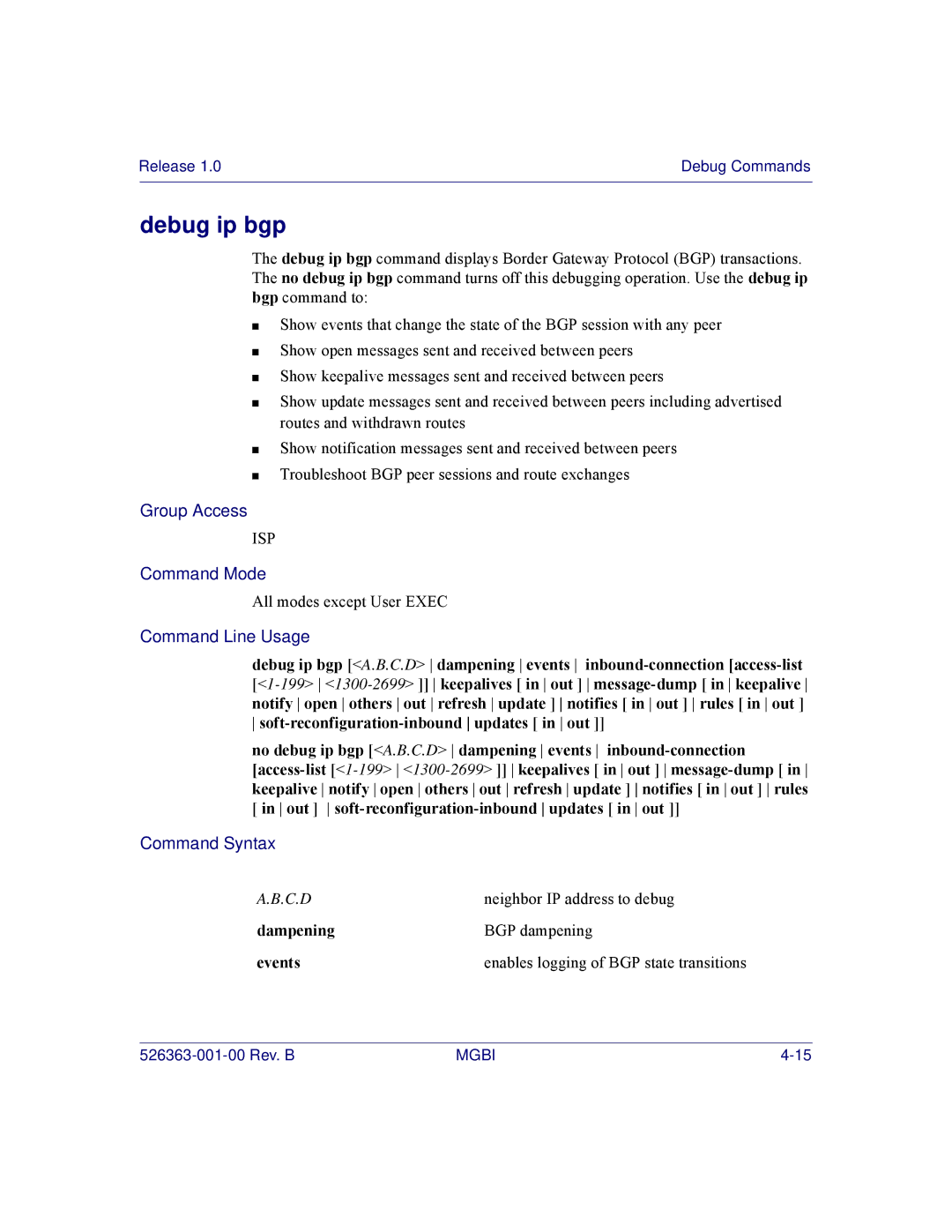 Motorola BSR 2000 manual Debug ip bgp, Dampening, Events 