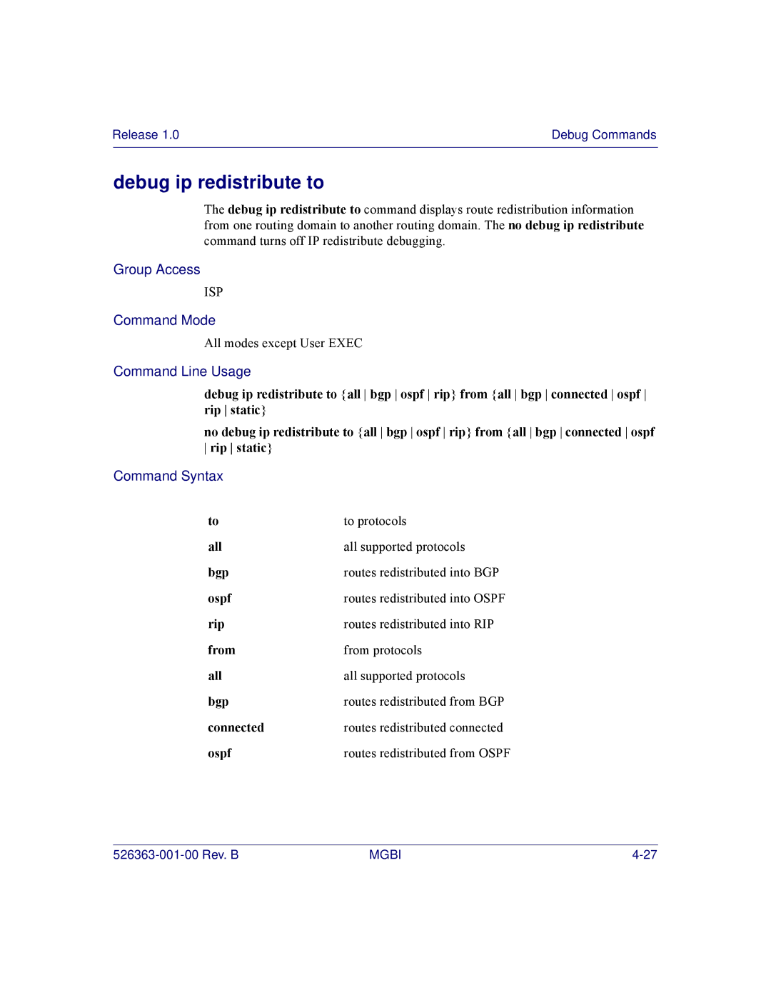 Motorola BSR 2000 manual Debug ip redistribute to, To protocols 