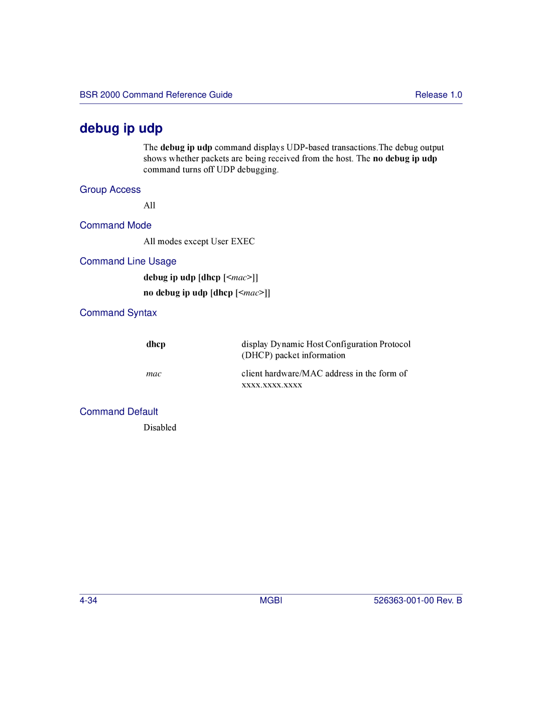 Motorola BSR 2000 manual Debug ip udp, Dhcp 