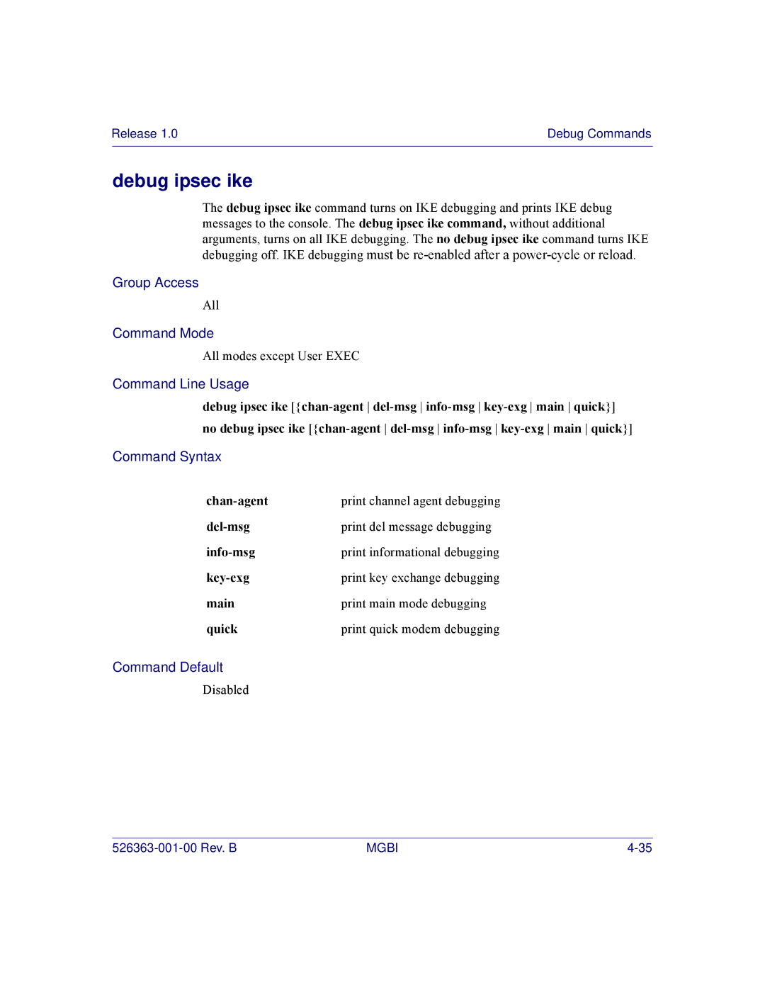 Motorola BSR 2000 manual Debug ipsec ike, Chan-agent, Del-msg Print del message debugging Info-msg 