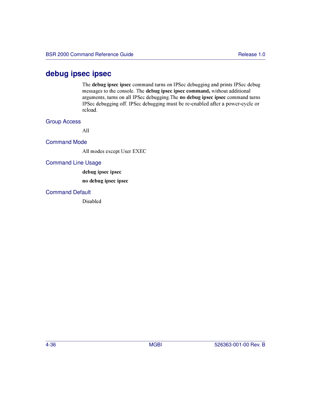 Motorola BSR 2000 manual Debug ipsec ipsec no debug ipsec ipsec 