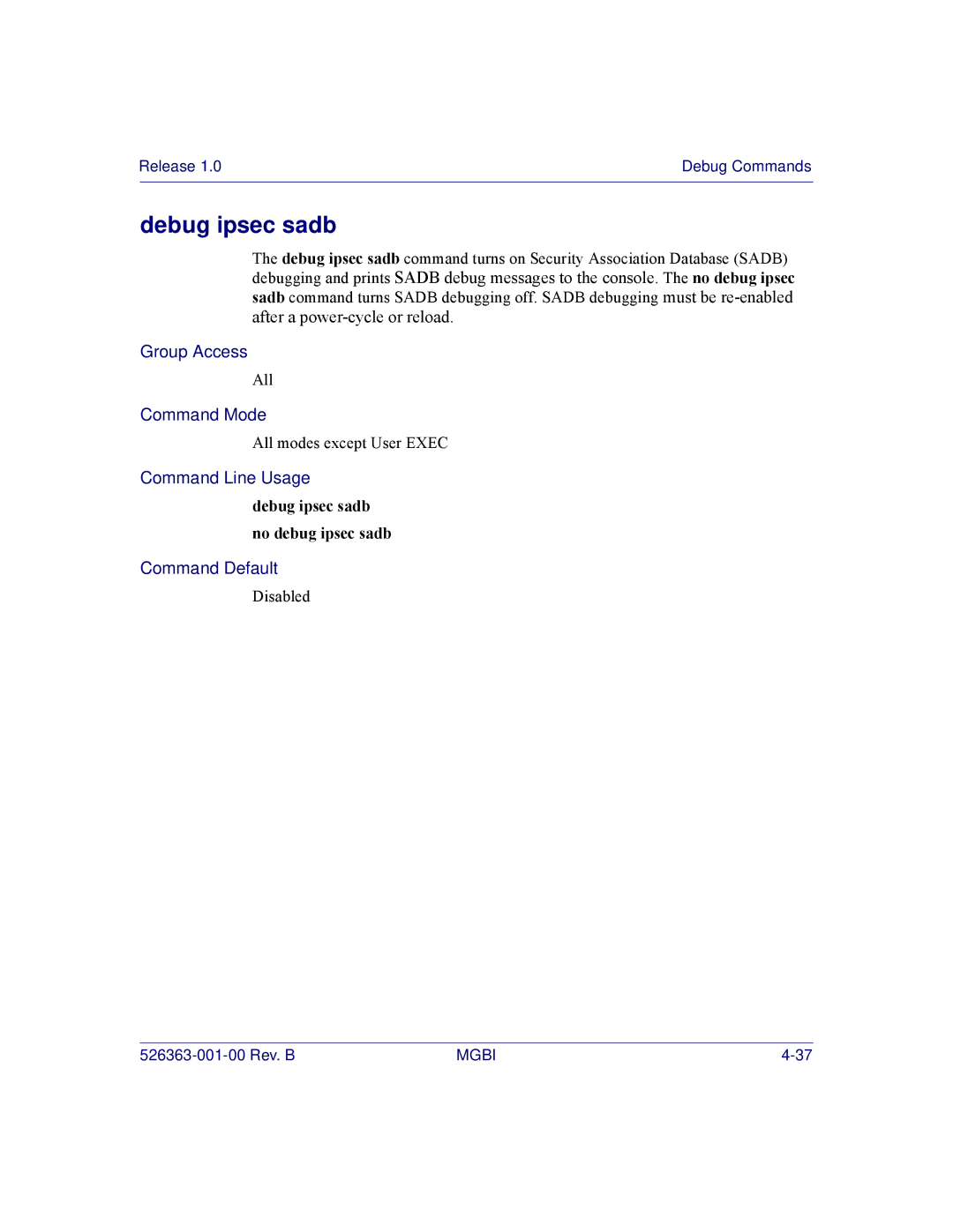 Motorola BSR 2000 manual Debug ipsec sadb no debug ipsec sadb 