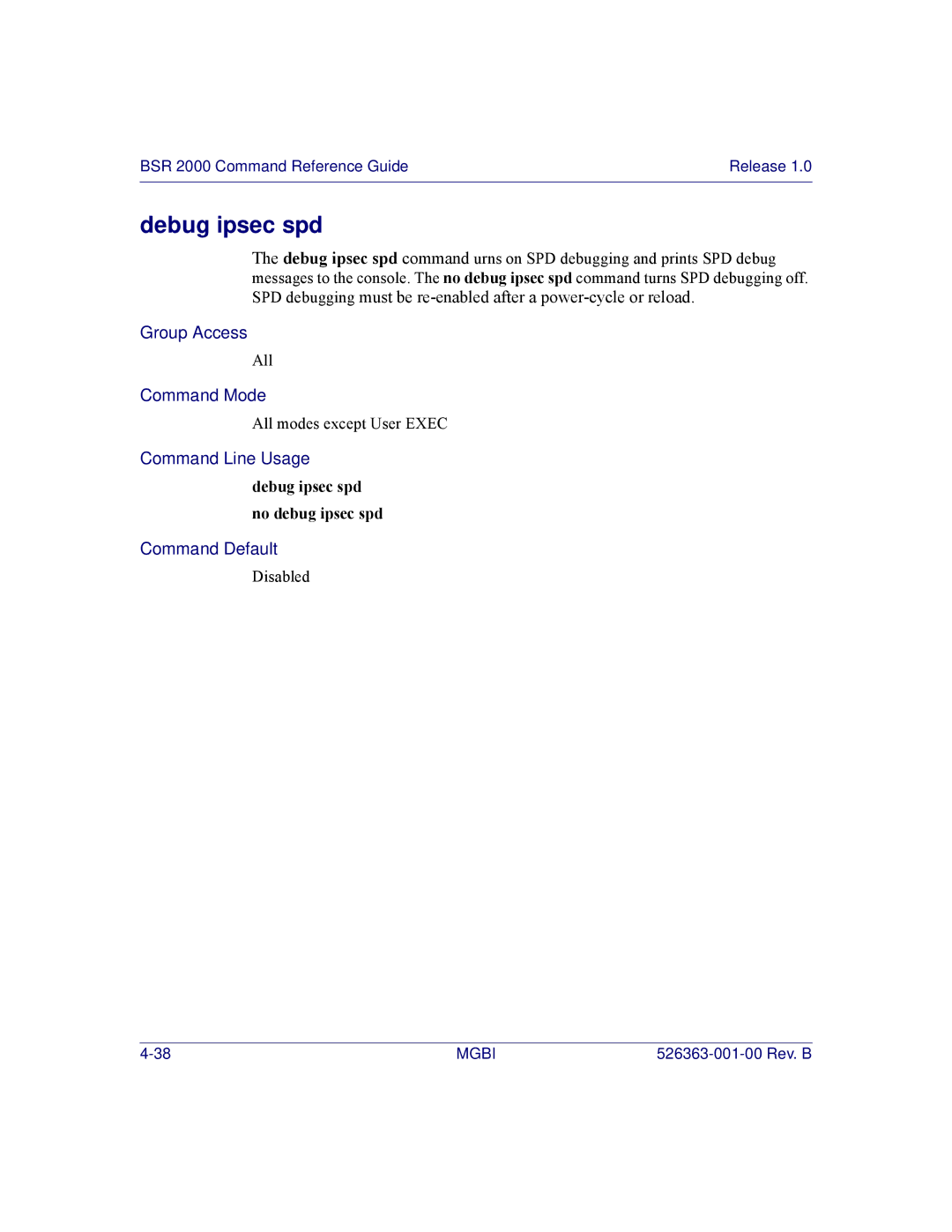 Motorola BSR 2000 manual Debug ipsec spd no debug ipsec spd 