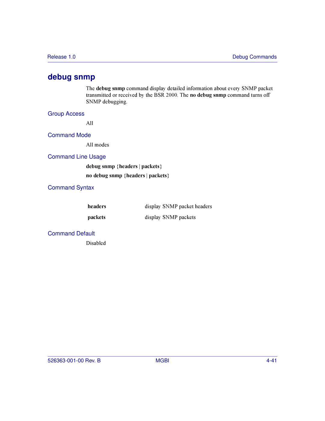 Motorola BSR 2000 manual Debug snmp headers packets no debug snmp headers packets 