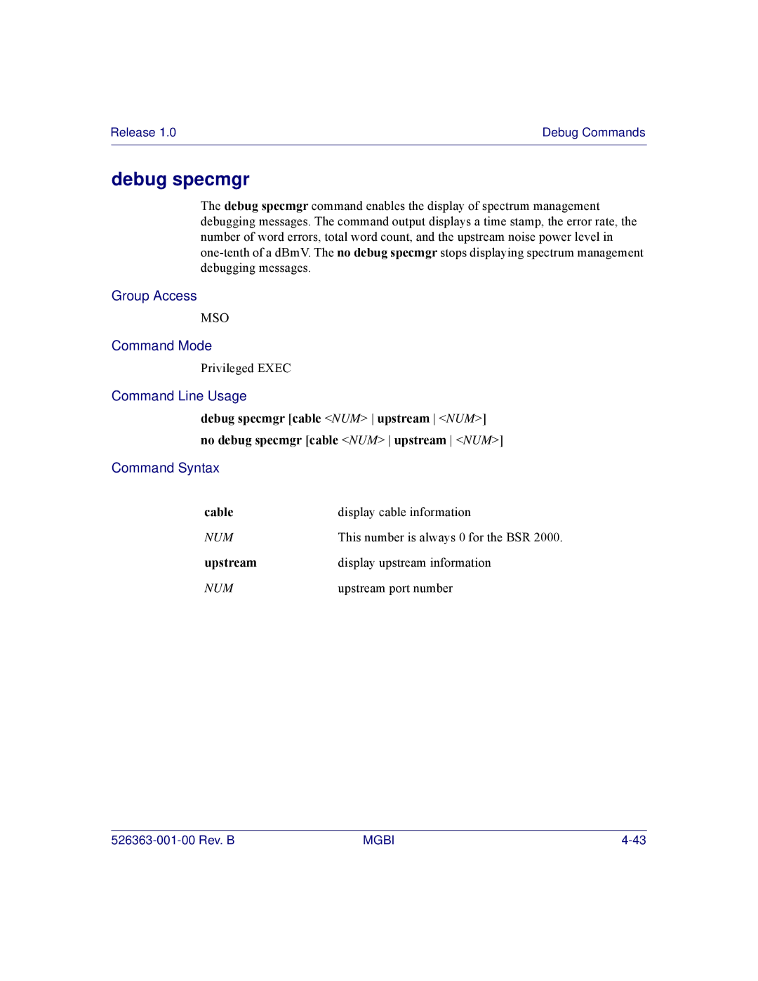 Motorola BSR 2000 manual Debug specmgr, Cable 