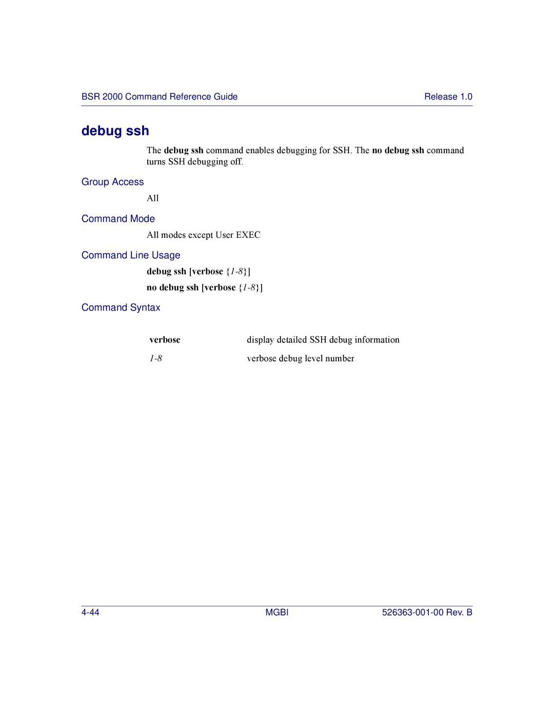 Motorola BSR 2000 manual Debug ssh verbose 1-8no debug ssh verbose, Verbose 