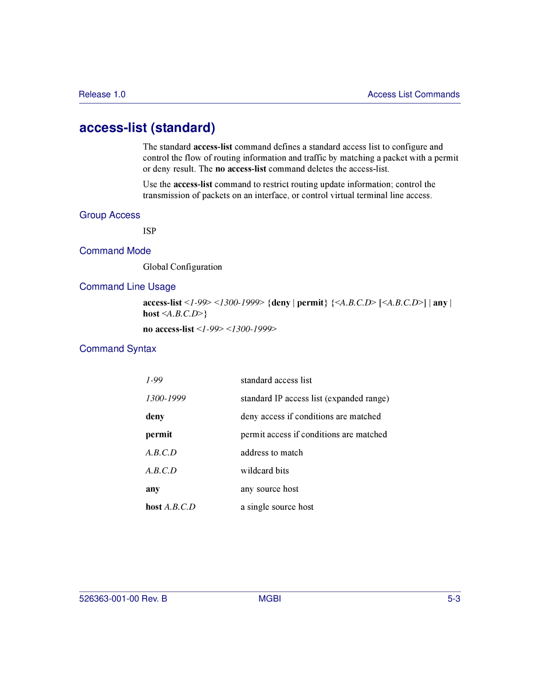 Motorola BSR 2000 manual Access-list standard, No access-list, Deny, Permit, Any 