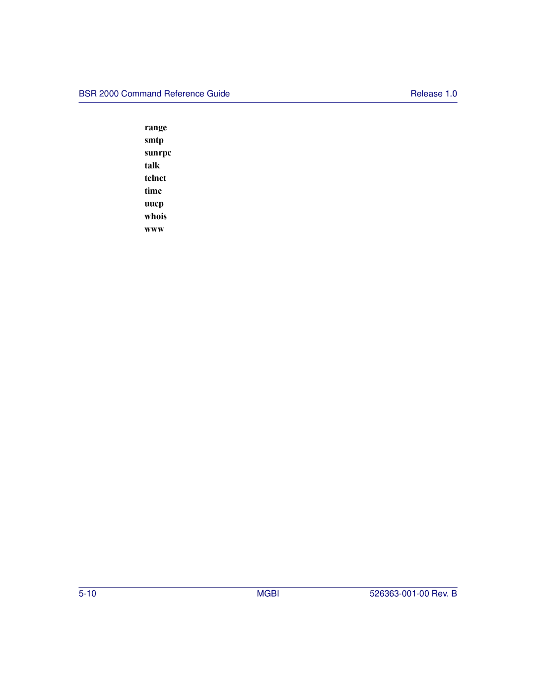 Motorola BSR 2000 manual Range smtp sunrpc talk telnet time uucp whois www 