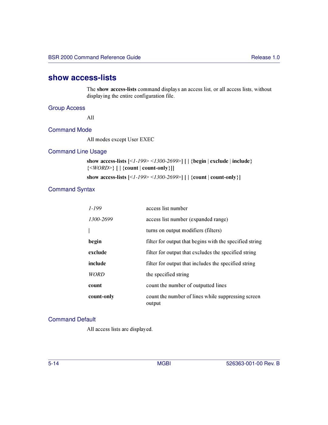 Motorola BSR 2000 manual Show access-lists, Begin 