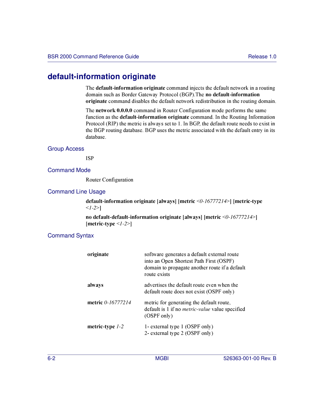 Motorola BSR 2000 manual Default-information originate, Originate, Always, Metric-type 