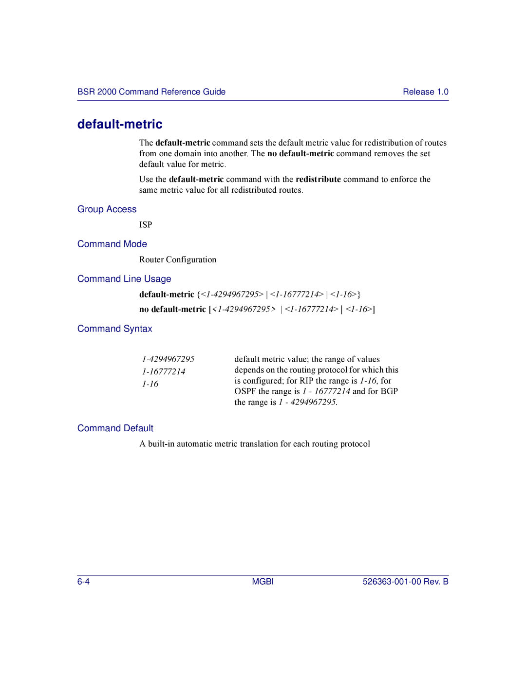 Motorola BSR 2000 manual Default-metric, 4294967295 16777214 