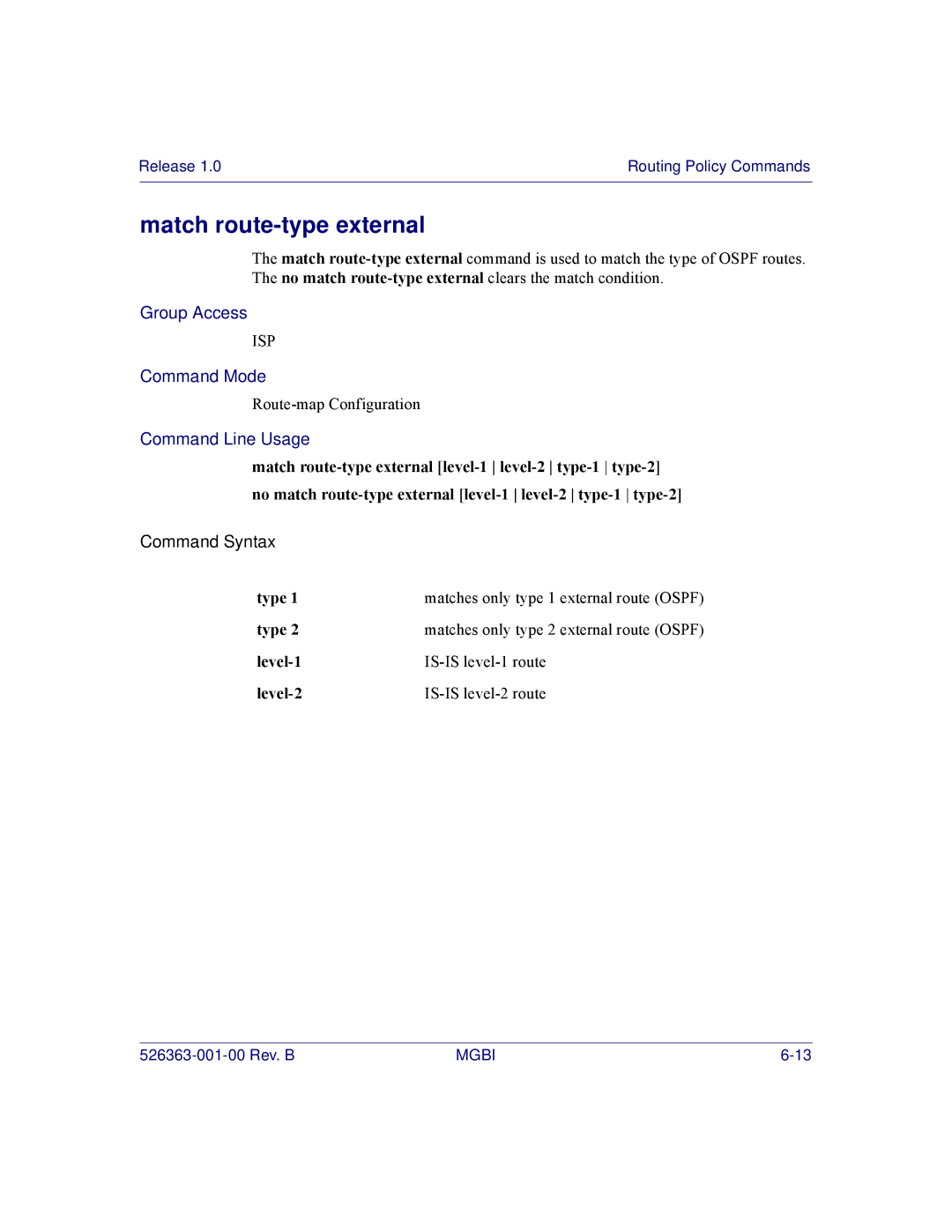 Motorola BSR 2000 manual Match route-type external, Type, Level-1, Level-2 