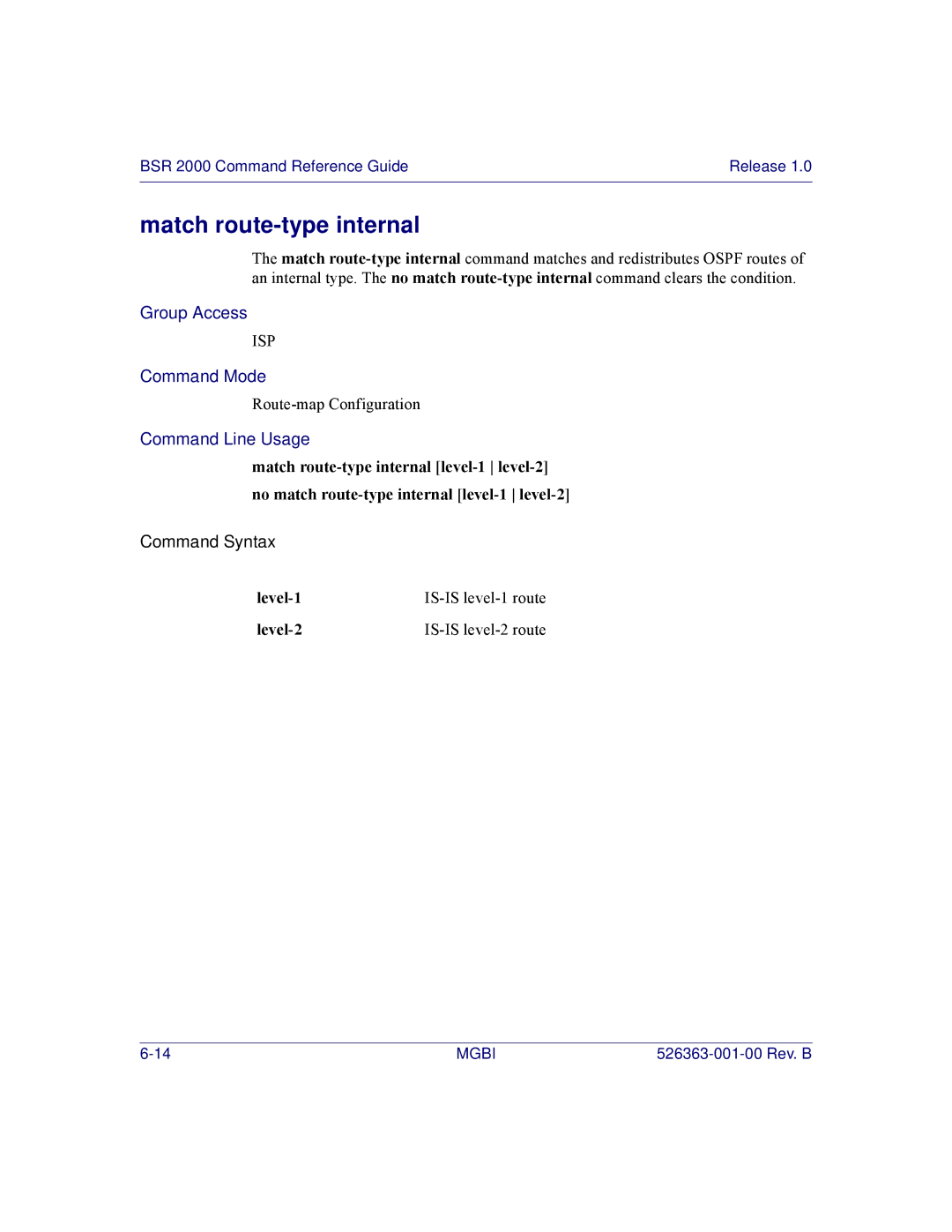 Motorola BSR 2000 manual Match route-type internal 