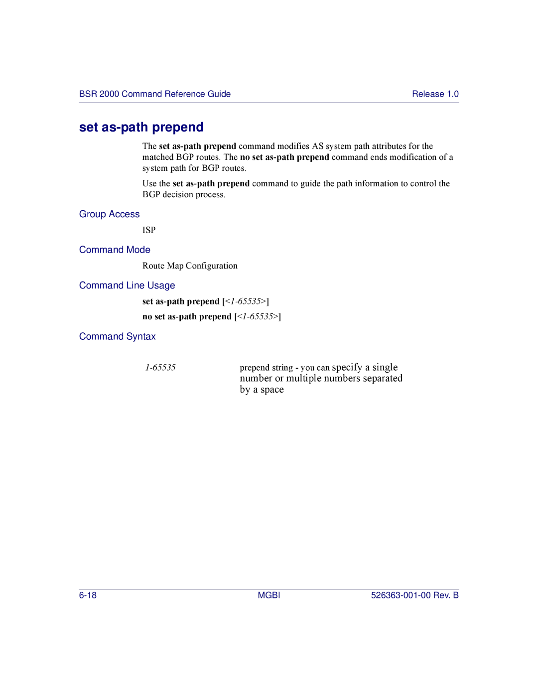 Motorola BSR 2000 manual Set as-path prepend 1-65535no set as-path prepend 