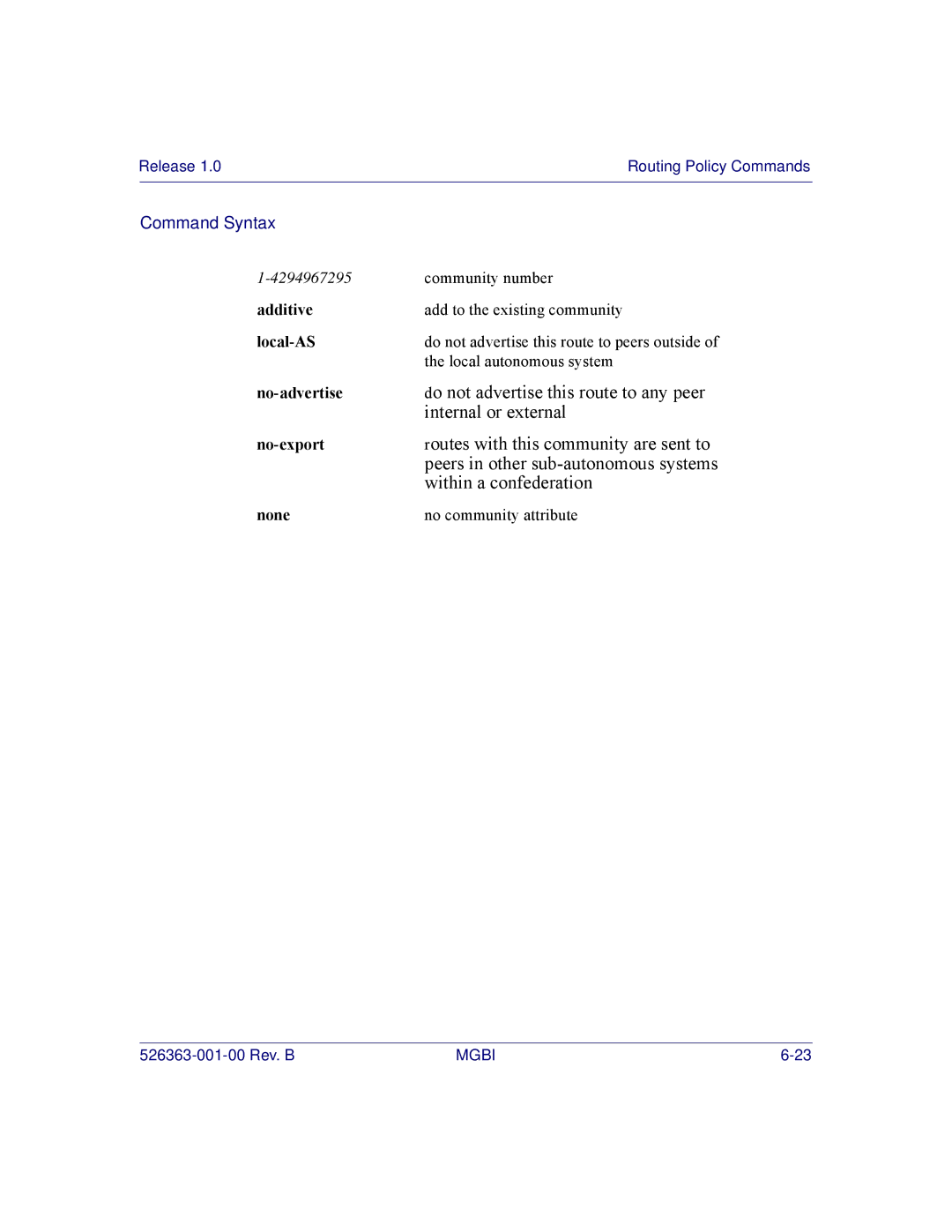 Motorola BSR 2000 manual Additive, Local-AS, No-advertise, No-export, None 