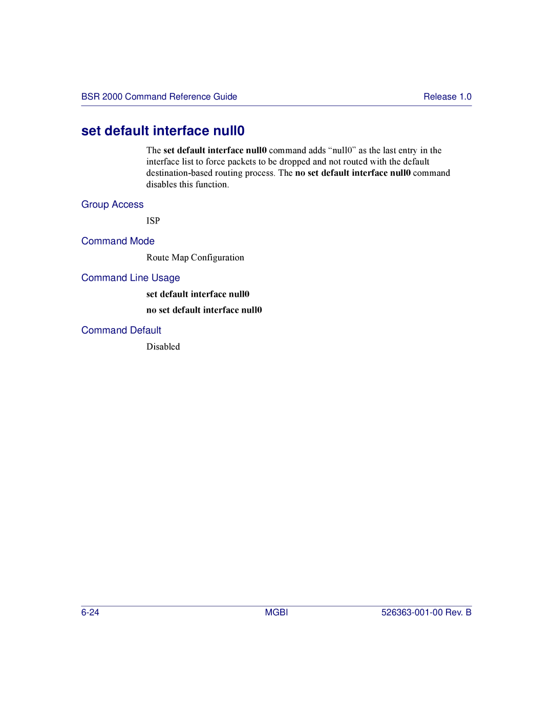 Motorola BSR 2000 manual Set default interface null0 no set default interface null0 