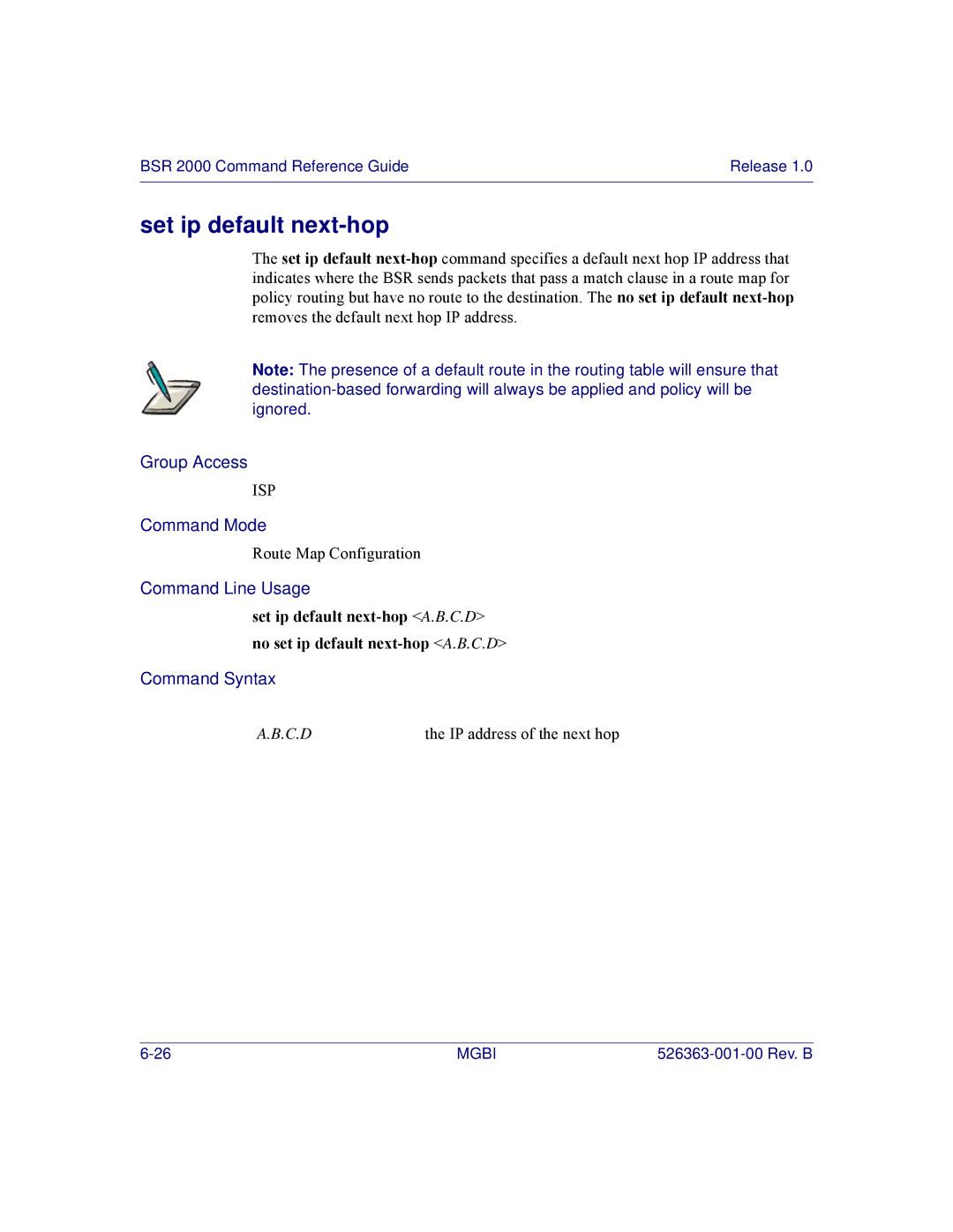 Motorola BSR 2000 manual Set ip default next-hop 