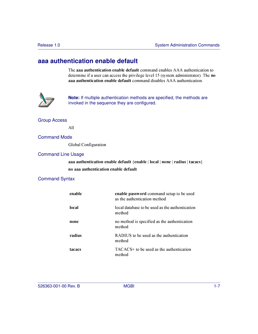 Motorola BSR 2000 manual Aaa authentication enable default, Enable 