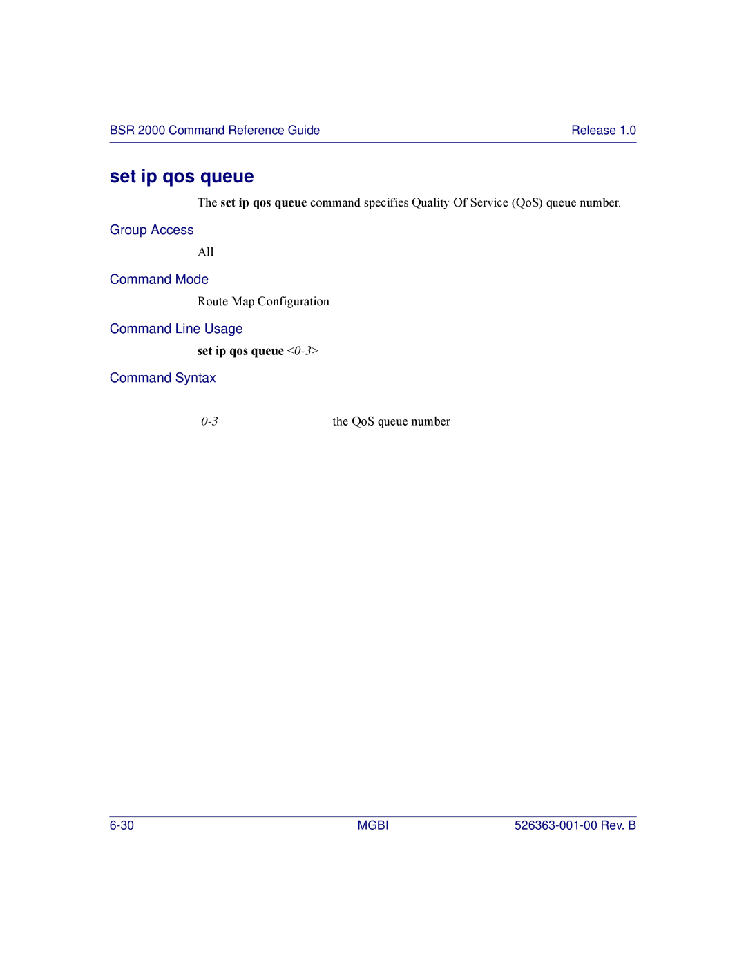 Motorola BSR 2000 manual Set ip qos queue 